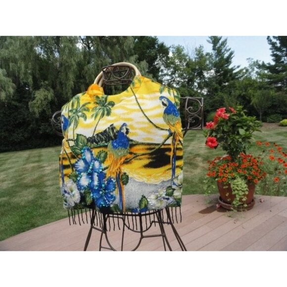 Vtg CZ Cover Up Sequined Dress & Beaded Purse Orange Yellow Blue Sequined Parrot - Picture 7 of 10